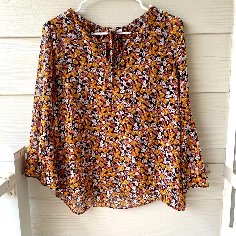 ALLISON JOY Floral Bell Sleeve Semi Sheer Blouse